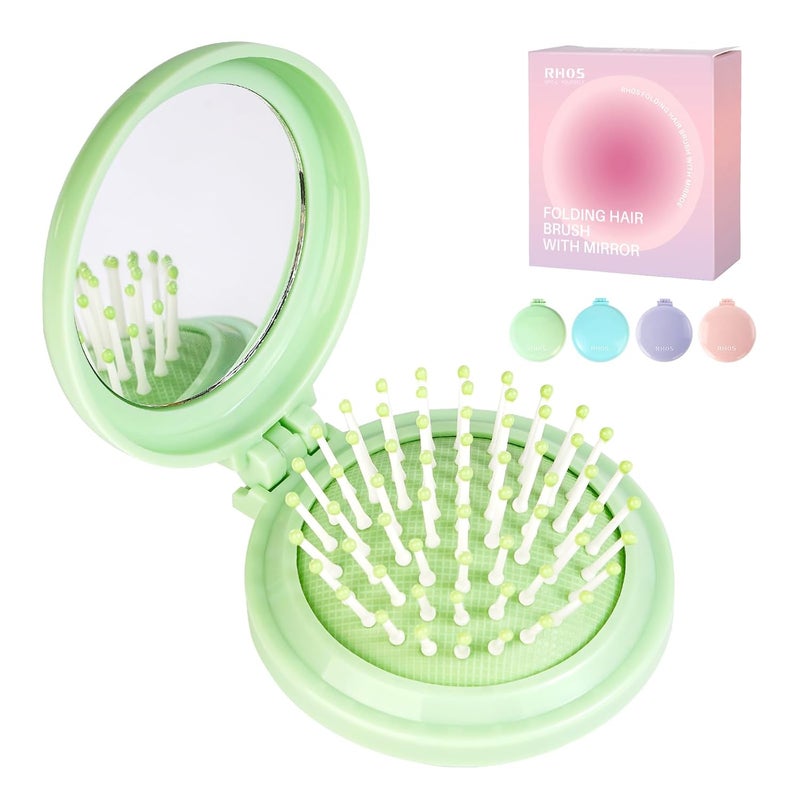 RHOS Folding Brush with Mirror - Compact, Portable and Foldable for Travel, Suitable for Women, Men, and Kids (Green) - Image 1